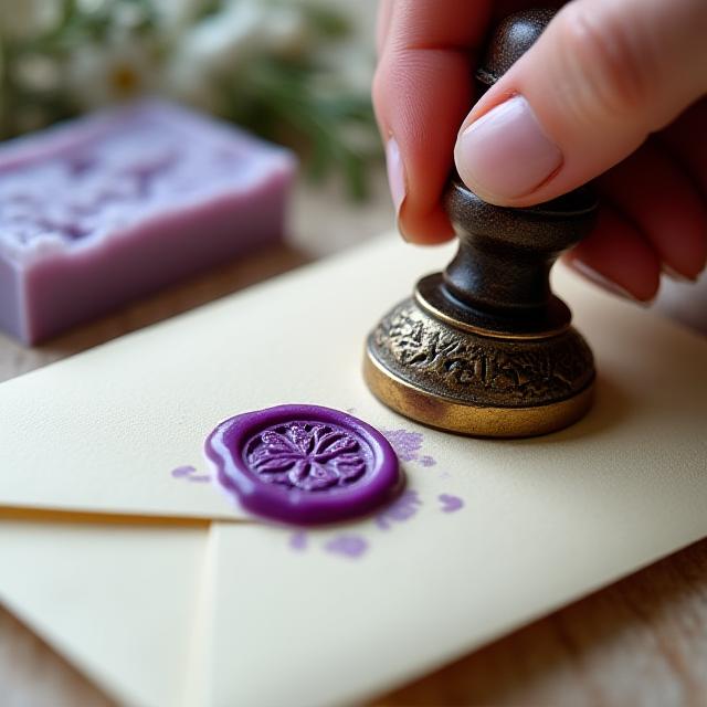 Detalle de caligraf&iacute;a y sellos de cera en embalaje artesanal